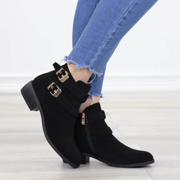 Black Velvet Ankle Boots Gold Buckles Booties - Picture 3 of 13